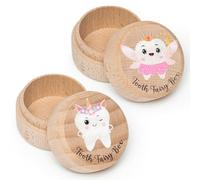 ANGOLIO 2Pcs Tooth Keepsake Storage Box, Wooden Colorful Fairy Box to Place Under Pillow Milk Teeth Container Cute Case Organizer Lost Teeth Holder for Birthday Baby Shower Storage Gift (Girls)