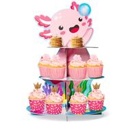 ANGOLIO 3 Tiers Axolotl Cupcake Stand Pink Cute Axolotl Birthday Party Cardboard Cupcake Holder Decorations Cartoon Animal Party Dessert Tower Pink Birthday Supplies for Kids