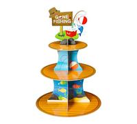 ANGOLIO 3 Tiers Go Fishing Cupcake Stand Fishing Birthday Party Cardboard Cupcake Holder Decorations Fishing Gear Dessert Tower Party Supplies for Kids Boys Blue Themed Baby Shower