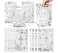 ANGOLIO 50Pcs God Bless Party Favor Bags White Sliver First Communion Party Candy Treat Bags with Die Cut Handles Religious Cross Floral God Bless Supplies for kids Birthday Baby Shower Decor Supplies