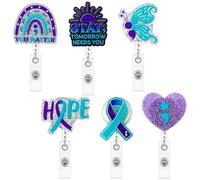 ANGOLIO 6Pcs Suicide Prevention Awareness Badge Reel - Glitter Acrylic Teal & Purple Ribbon ID Holder for World Suicide Prevention Day, Support Squad & Mental Health