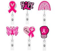 ANGOLIO Breast Cancer Awareness Badge Reel - 6PCS Retractable Glitter Acrylic Pink Ribbon Badge Holders Nurse Doctor ID Holder Reels Clip RN CNA Doctor Student Hospital Accessories Women Teacher Gifts