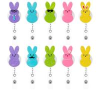 ANGOLIO Easter Bunny Peeps Badge Reels - 10Pcs Retractable Glitter Acrylic Cute Rabbit Badge Holder with Alligator Clip Easter Spring Gifts ID Holder Reel for Nurses Doctors Teachers Employee Supplies