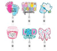 ANGOLIO Labor and Delivery Nurse Badge Reels - National Nurses Day Funny L&D 6Pcs Retractable Glitter Acrylic NICU Gift Badge Holder with Alligator Clip for Obstetrics RN Doctor Teacher Baby Worker