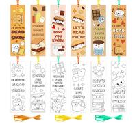 ANGOLIO Marshmallow Color Your Own Bookmarks - 123Pcs Reading Theme DIY Coloring Blank Paper Bookmarks with Ribbon Classroom Art Craft Supplies for Student Teacher Reading Lover Party Goodie Fillers
