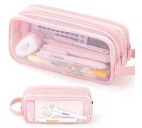 ANGOOBABY Large Grid Mesh Pencil Case 2 Compartments Pen Bag Clear Handheld Multifunctional Pencil Pouch Transparent Makeup Bag for Teen Student College Business Travel Office Adult, Pink, M, fine