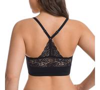 ANGOOL Deep V Jelly Bra for Women Non Wired Push Up Seamless Lace Racerback Plunge Bra Full Coverage Support Comfort Bralette, Black, M