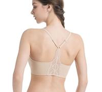 ANGOOL Jelly Bra for Women Non Wired Push Up Seamless Lace Racerback Bra Full Coverage Wireless Comfort T-Shirt Bralette, Beige, M