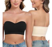 ANGOOL Strapless Bras for Women Non Wired Bandeau Bra Seamless Padded Non Slip Stay Up Supportive Lift Lightweight Breathable Multiway Bra, Black+Beige, XXL