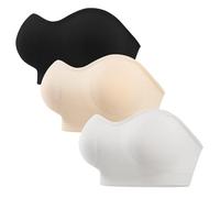 ANGOOL Strapless Bras for Women Non Wired Bandeau Bra Seamless Padded Non Slip Stay Up Supportive Lift Lightweight Breathable Multiway Bra, Black+Beige+White, XXL
