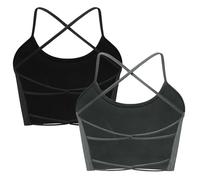 ANGOOL Women's Cross Back Sports Bra Seamless Padded Bustier Wireless Gym Crop Top for Workouts Yoga Fitness, Black+Grey, L