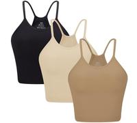 ANGOOL Women's Seamless Rib-Knit Spaghetti Strap Racerback Camisole Tops, Crop Ribbed No Pad Workout Gym Yoga Tank Tops, Black+Beige+Light Brown, M-L