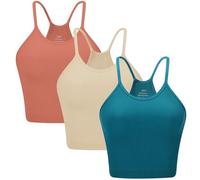 ANGOOL Women's Seamless Rib-Knit Spaghetti Strap Racerback Camisole Tops, Crop Ribbed No Pad Workout Gym Yoga Tank Tops, Coral+Beige+Teal, XS-S