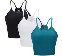 ANGOOL Women's Seamless Rib-Knit Spaghetti Strap Racerback Camisole Tops, Crop Ribbed No Pad Workout Gym Yoga Tank Tops, Black+White+Teal, XL-2XL