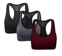 ANGOOL Women's Sports Bra Padded Mid Impact Racerback Comfy Yoga Workout Bra, Black+grey+wine Red, L Fit 36D 36DD 36E 38D 40B 40C