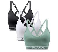 ANGOOL Women's Wireless Seamless Sports Bra, Padded Racerback Adjustable Straps Longline Yoga Gym Training Bra, Black+White+Green,S