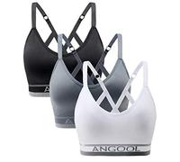 ANGOOL Women's Wireless Seamless Sports Bra, Padded Racerback Adjustable Straps Longline Yoga Gym Training Bra, Black+Grey+White, M
