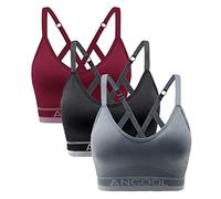 ANGOOL Women's Wireless Seamless Sports Bra, Padded Racerback Adjustable Straps Longline Yoga Gym Training Bra, Black+Grey+Red, S