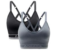 ANGOOL Women's Wireless Seamless Sports Bra, Padded Racerback Adjustable Straps Longline Yoga Gym Training Bra, Black+Grey, M