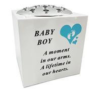 Angraves Born Sleeping Blue Little Boy Baby Memorial Graveside Flower Vase Container White and Silver