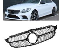ANGRONG Gloss Black Diamond Style Front Radiator Grill Mesh Grille Compatible with Mercedes Benz C Class W205 C450 C250 C180 C200 C220 18-22 Without Camera