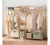 angroups Garment Rack with Storage Shelves Back and Tidy Rail, Natural Bamboo Clothes Rail, Open Wardrobe Closet, Clothing Standing Rack for Bedroom Hallway Entryway 160x40x140cm