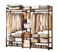 angroups Natural Bamboo Garment Clothes Rack Storage Shelf Hanging Rail Side Hooks for Entryway Bedroom Bathroom and Office,Open Wardrobe Closet, Clothing Standing Rack 170x30x150cm