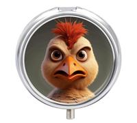 Angry Cartoon Chicken Pill Box 3 Compartment Waterproof Pill Case with Mirror Portable for Purse Pocket Daily Medicine Vitamin Organizer Travel Med Container Holder for Fish Oil Supplements
