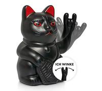 ANGRY CAT - Lucky Cat - Rocking, Waving - Rock - Japanese Waving Cat Rocks - Decorative Wobble Figure - Waving Arm with Heavy Metal Sign - 15 cm - Matte Black