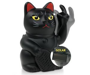 ANGRY CAT Mini Japanese Lucky Cat - Funny Wobble Figure with Stink Finger - Solar Powered Wave - 10 cm - Black, 15x11x9cm