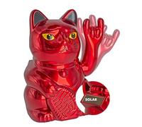 ANGRY CAT Mini Lucky Cat Solar Powered Funny Waving Rock Cat with Heavy Metal Sign Decorative Wobble Figure with Waving Arm 10 cm Metallic Red