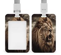 Angry Lion Badge Holder with Lanyard, Vertical Hard Plastic ID Card Holder, Sliding Name Tag Holders, Work Card Protector Sleeve for Nurse Doctor Teacher Officer & Gift