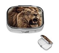 Angry Lion Pill Box 2 Compartment Square Portable Pill Case for Pocket or Purse Small Weekly Medicine Planner Travel Pillbox with Mirror Decorative Metal Vitamin Holder Gifts