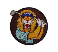 Angry Lion Playing Golf Embroidered Patch Iron On. Size: 3,9x3,9 inches.