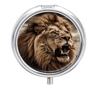 Angry Lion Round Pill Box 3 Compartment Medicine Pill Organizer with Mirror Travel Small Pill Case Cute Vitamin Organizer Portable Daily Pill Container for Pocket Purse