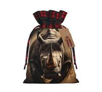 Angry Rhino Print Christmas Drawstring Gift Bag Xmas Bags Festive Plaid Design Presents Packaging