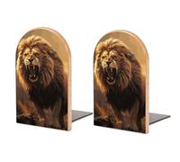 Angry Roaring Lion Book Ends for Shelves - 2 Pack Handmade Wooden Bookends with Metal Base, Sturdy Book Holder for Heavy Books Modern Decorative Book Stopper for Home Office
