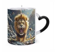 Angry Roaring Lion Mug Heat Sensitive Color Changing Mug Personalized Magic Morphing Mugs Heart-Shaped Handle Ceramic Cup Funny Novelty Coffee Mugs Tea Cup for Men Women