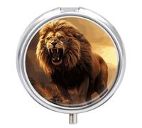 Angry Roaring Lion Pill Box Medicine Pill Organizer 3 Compartment Daily Pill Case Small Pill Container Round Pill Holder Travel Pill Box Metal Pill Case for Purse Pocket