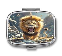 Angry Roaring Lion Pill Case 2 Compartments Travel Pill Organizer for Pocket Small Pill Box Portable Pill Container Metal Medication Holder to Hold Vitamin Fish Oil Supplement