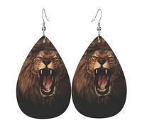 Angry Roaring Lion Printed Teardrop Pendant Leather Earrings | Lightweight and Versatile Earrings | Suitable for Daily Commute and Date Wear