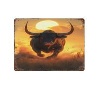 Angry Running Bull Sunset Decorative Signs Metal Art Plaques with Rust Vintage Horizontal Tin Plate for Home Farm Yard 11.8"x15.7"