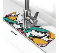 Angry Shark Absorbent Sink Faucet Mat - Quick Dry Splash Guard Drip Catcher Tray for Kitchen Or Bathroom Countertops