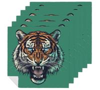 Angry Tiger Head on Green Cloth Napkins Set of 6, Square Premium Reusable Washable Polyester Table Linen Napkin for Dinner Party