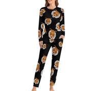 Angry Tiger Head Womens Pyjama Sets Long Sleeve Sleepwear Loungewear PJs Sets with Pockets XL