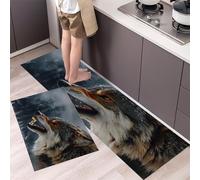 Angry Wolf Kitchen Rugs Sets Non Slip Washable Kitchen Mats Anti Fatigue Comfort Winter Forest Floor Mats for Laundry, Hallways, Sink 43x75cm+43x120cm Dark Gray