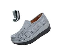 AngryMonkey Women Fashion Platform Sneakers High Hidden Heel Wedge Moccasin Slip On Casual Low Non-Slip Hiking Shoes, Grey Hollow, 8.5 UK