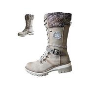 AngryMonkey Women's Winter Warm Mid-Calf Snow Boots,Knit Suede Splicing Lace-up Non-Slip Waterproof Outdoor Casual Booties, Beige, 6.5 UK