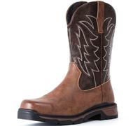 ANGRYRAM Cowboy Work Boots for Men Square Toe Leather Western Boot Slip Resistant Indestructable Steel Toe Safety Boots for Men Work-Man Pro Series, Dark Brown, 14