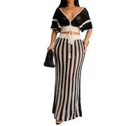 Angsuttc Women's Two-Piece Outfit: Crochet Knit Short Sleeve V-Neck Cropped Shirts & Maxi Skirt in Beige & Cream